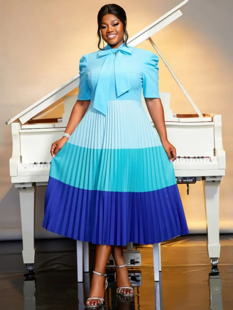 Color Block Mock Neck Bowtie Short Sleeve Pleated Dress