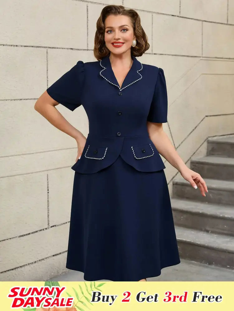 Colorblock Trim Collar A Line Dress Short Sleeve 50s Style Navy Blue Dress