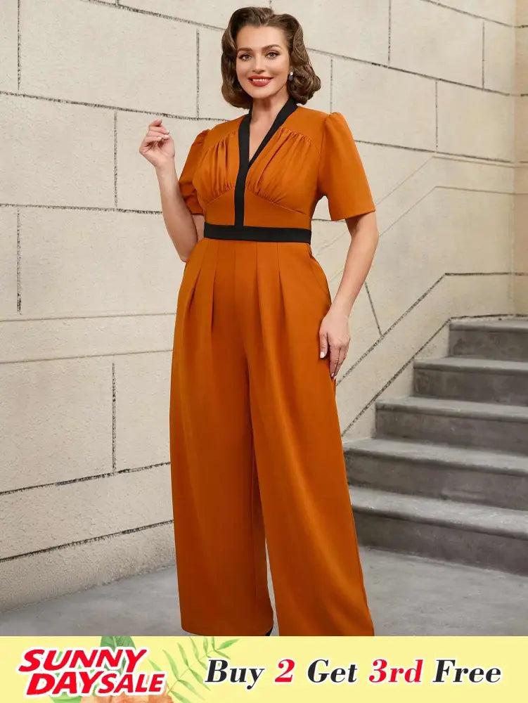 Colorblock V Neck Short Sleeve Wide Leg Jumpsuit Brown