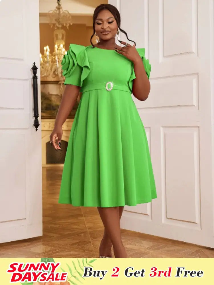 Elegant A Line Dress O Neck 3D Flower Sleeve High Waist