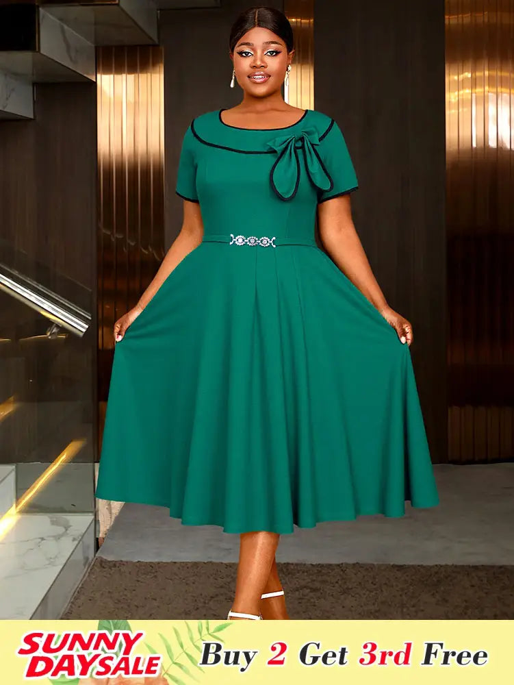 Elegant Midi A Line Church Dress O Neck With Bow Pleated