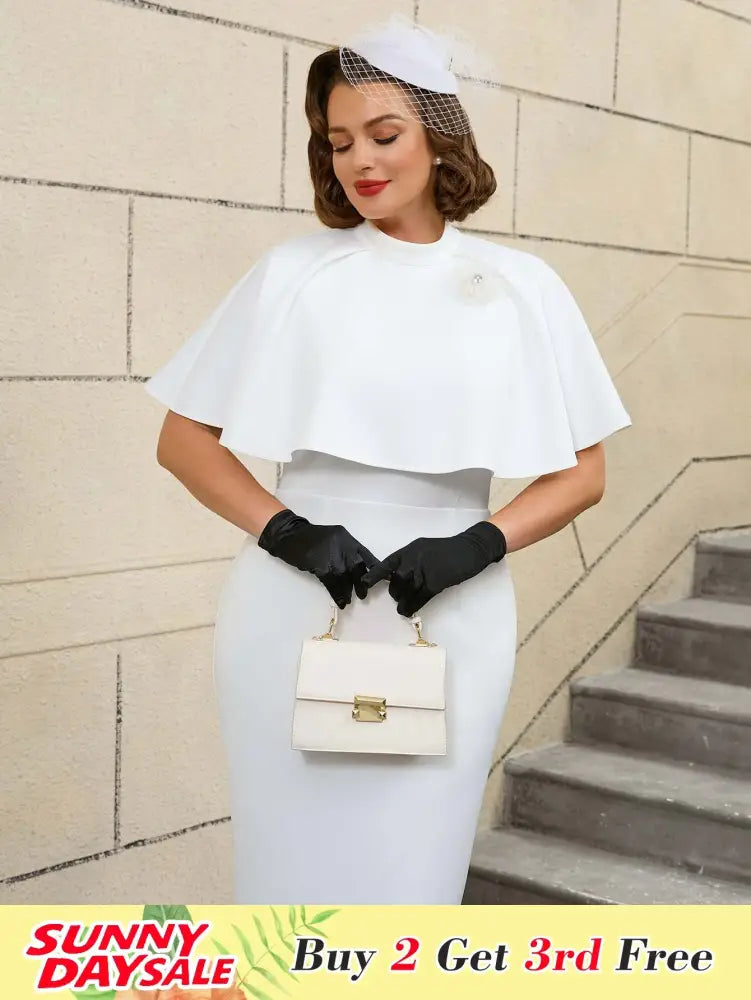 Elegant White Cape Sheath Dress for Easter and Graduation