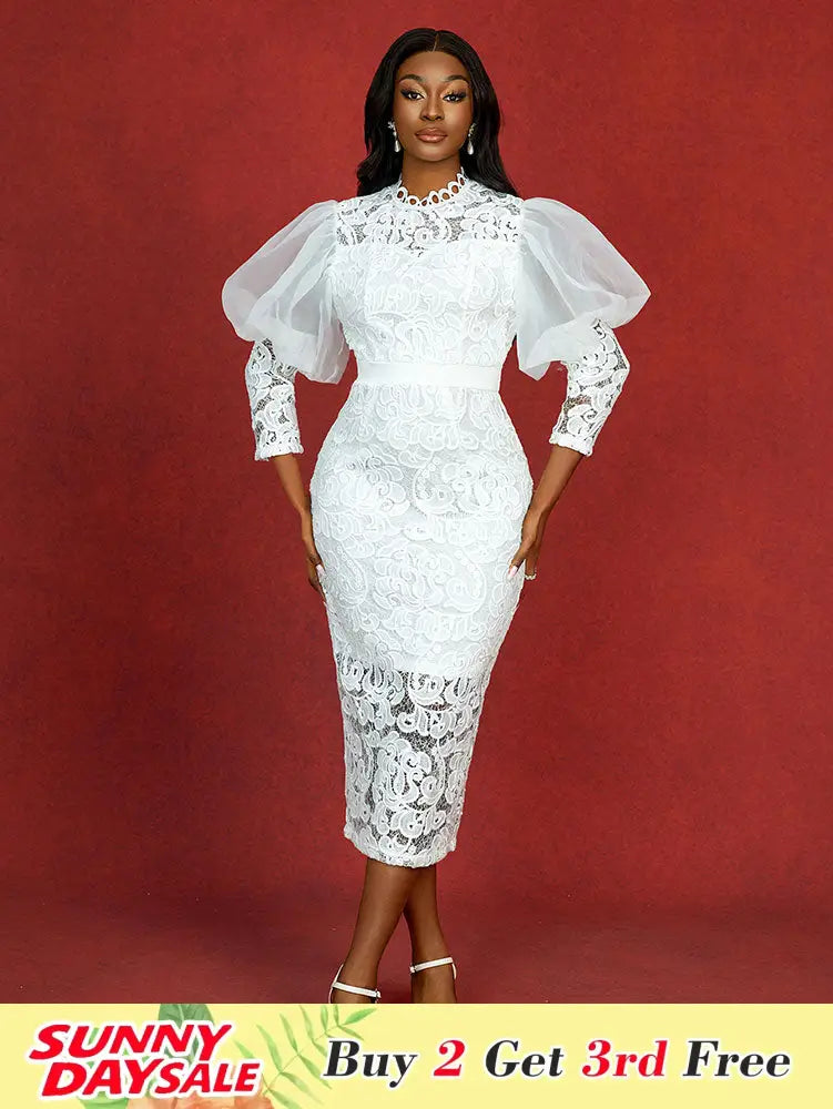 Elegant White Lace Wedding Guest Dress Puff Sleeve O Neck