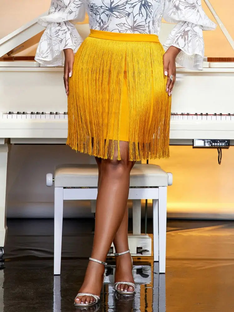 Fashion Tassels Wrap Skirts Women Elastic Waist Dance Party Gold