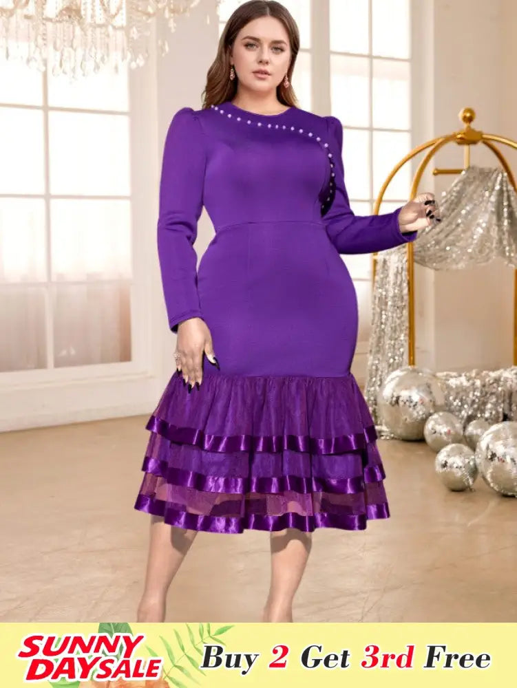 Fishtail Dress O Neck Long Sleeves Beading Mesh Patchwork