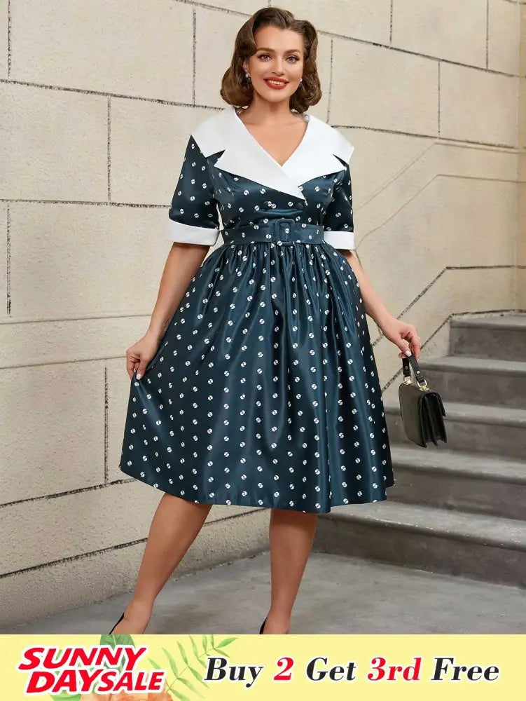 Floral Print Turn Down Collar Short Sleeve A Line Dress