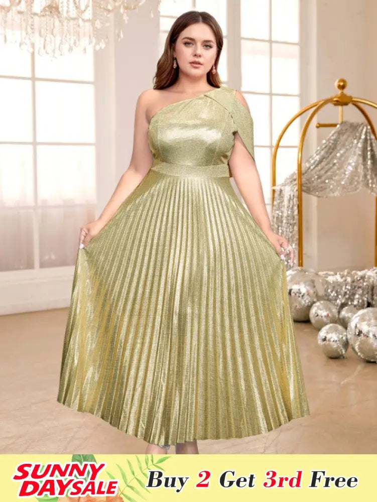 Gold Shiny Pleated Dress One Shoulder Diagonal Collar