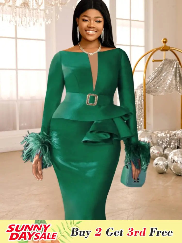Green Bodycon Dress V-neck Patchwork Feather Long Sleeve