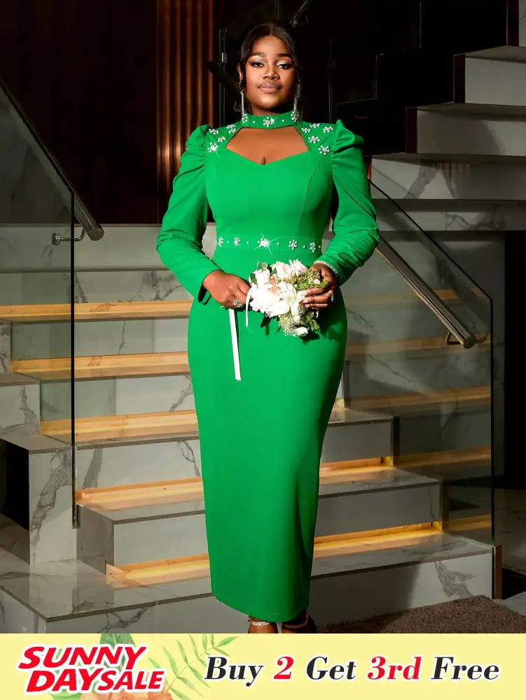 Green Diamond Dress Hollowed Out Long Puff Sleeves Bodycon