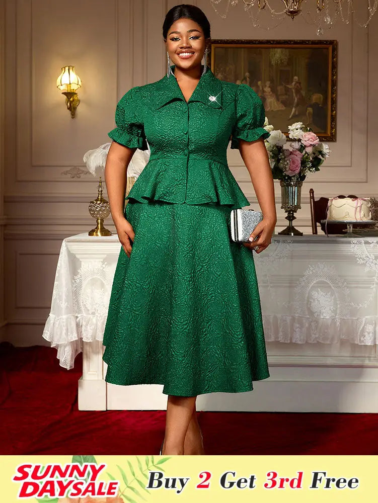 Green Jacquard Two Pieces Set Turn Down Collar Buttoms Peplum Belly Hide Suit A Line Skirt