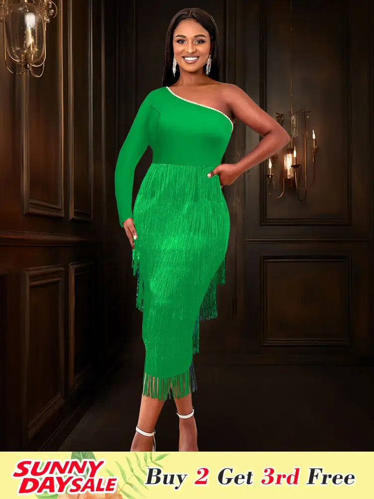 Green Party Events Tassels Dresses For Women One Shoulder