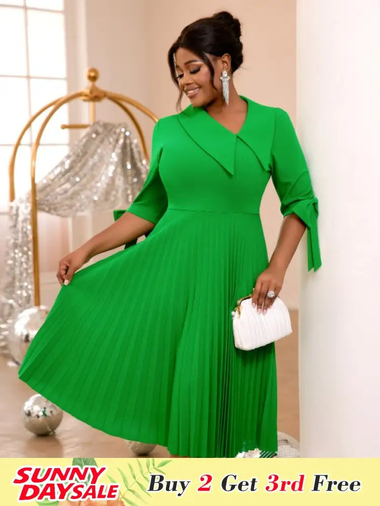 Green Pleated Dress Irregular Collar Half Sleeve with Bows