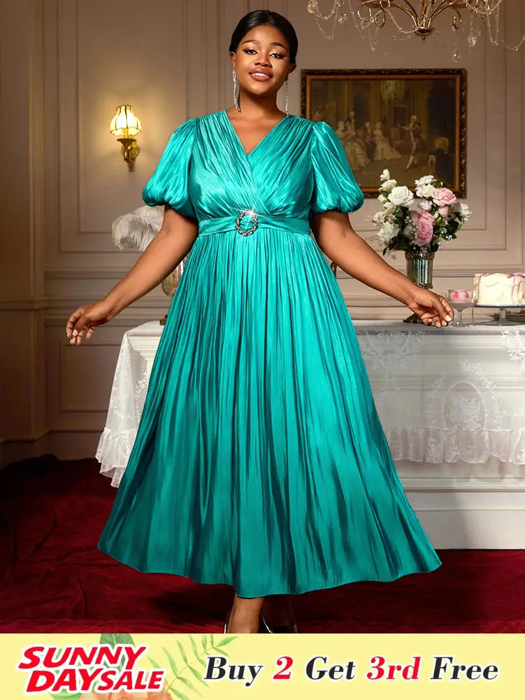 Green Plus Size Dresses for Curvy Women Half Puff Sleeves A Line Outfits