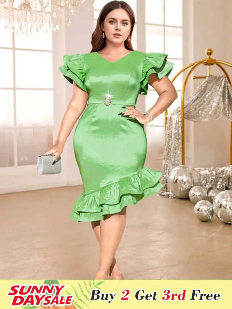 Green Shiny Satin Dress V Neck Ruffle Sleeve Diamond Belt