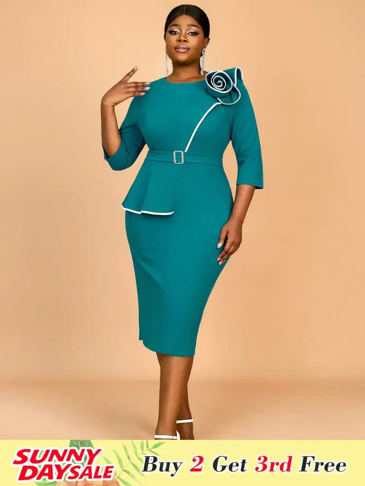 Green Wedding Guest Dress Bodycon Long Sleeve 3D Floral