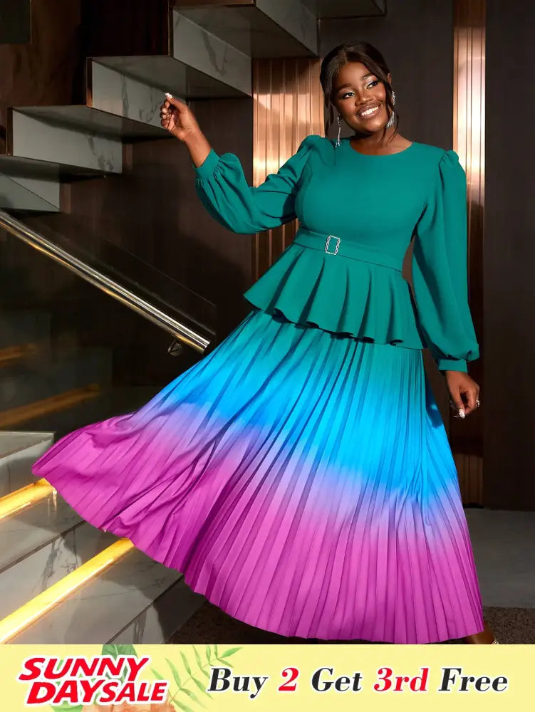 High Waist Dress Green Round Neck Long Lantern Sleeve