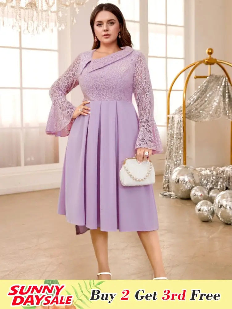 Irregular Collar Flare Sleeve Lace Patchwork A-Line Dress
