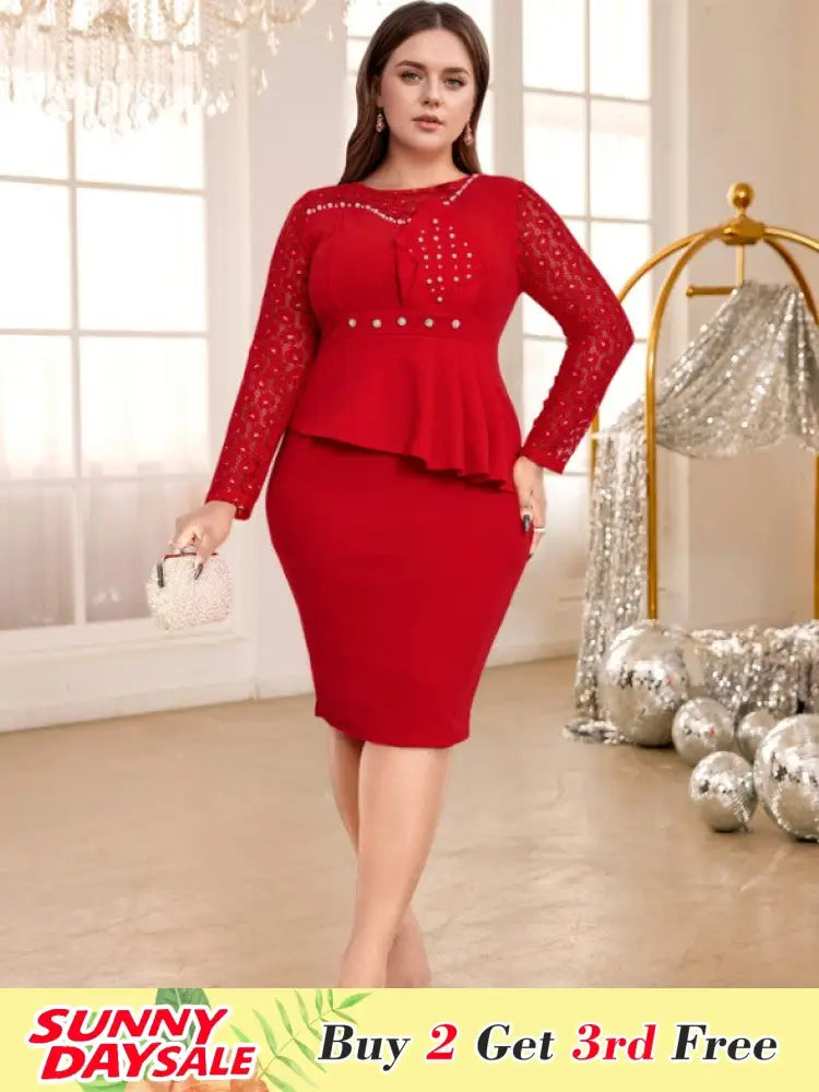 Lace Patchwork Dress O Neck Long Sleeve Beading Bodycon