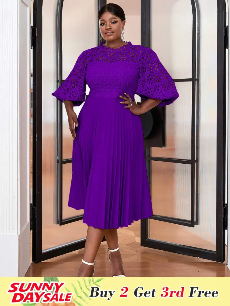 Lace Patchwork Lantern Sleeves Hollow Out Pleated Dress