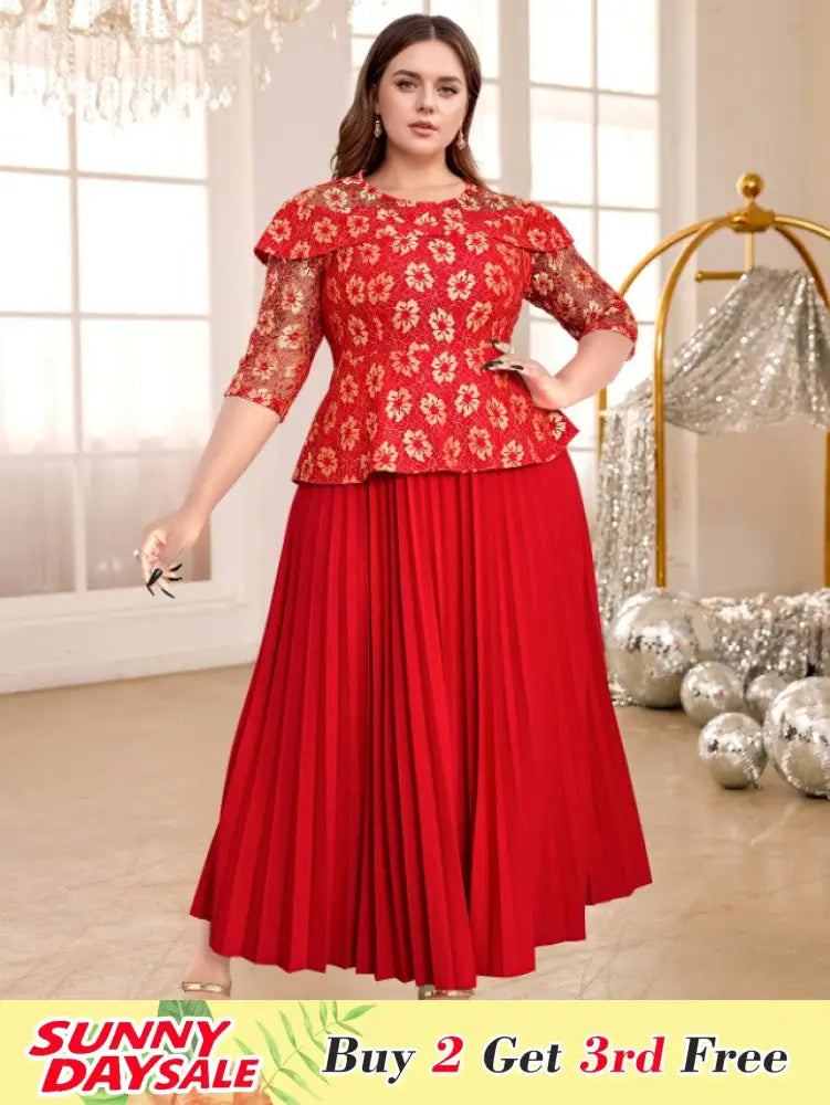 Lace Pleated Dress O Neck Half Sleeve Floral Patchwork