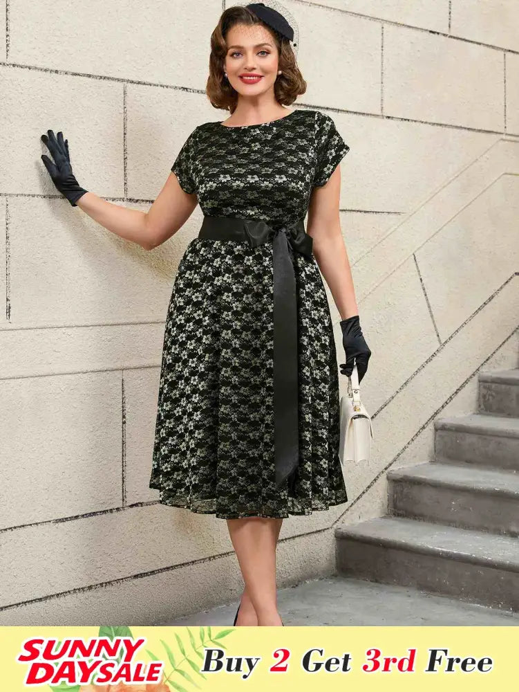 Lace Short Sleeve A Line Dress Black 1950s Style Black Wedding Guest Dress