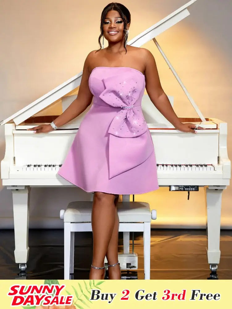 Lavender Strapless Big Bow Beading High Waist A Line Dress