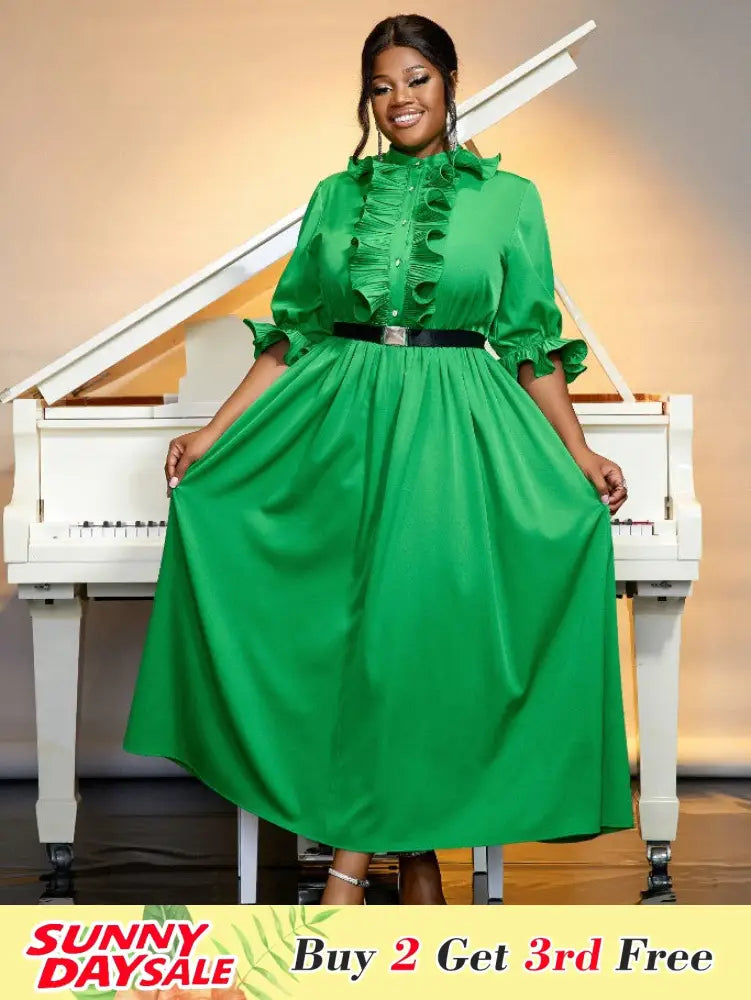 O Neck Ruffle Half Sleeve Button Up A Line Dress with Belt