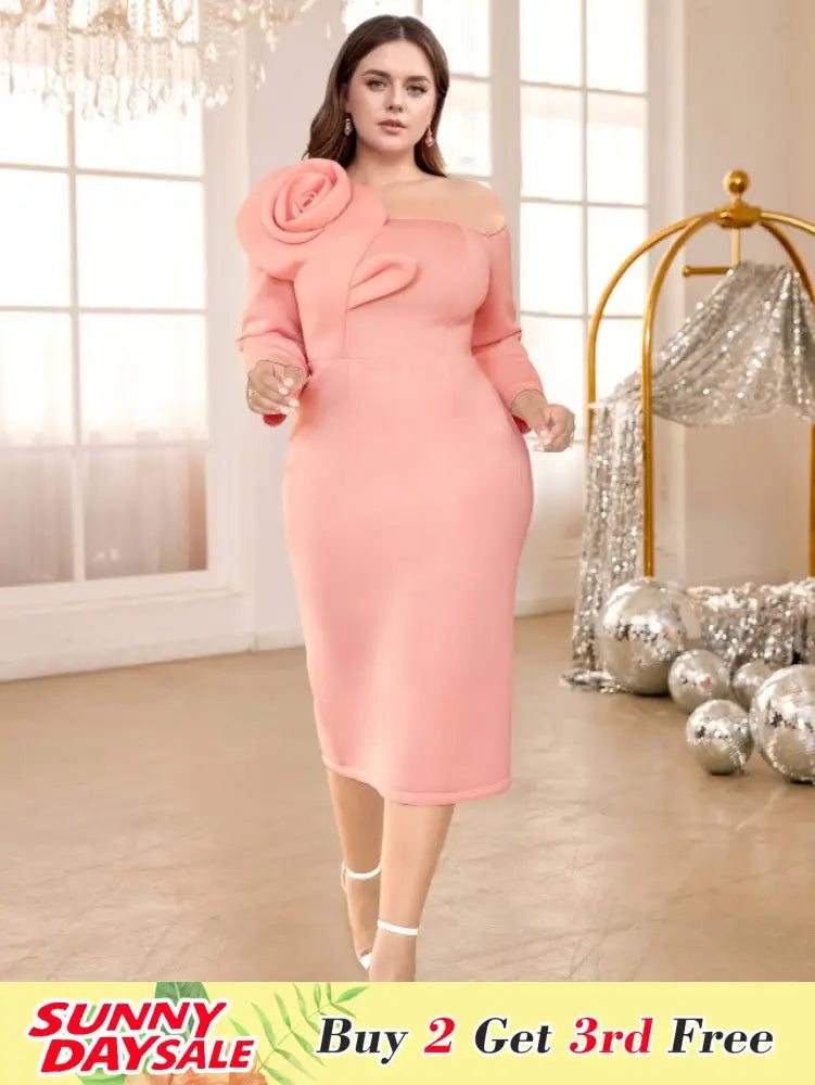 One Shoulder Dress Pink Flower Long Sleeves Package Hip