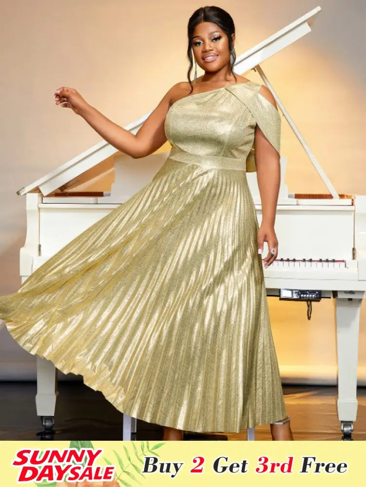 One Shoulder Sleeveless Shiny Gold Long Pleated Dresses