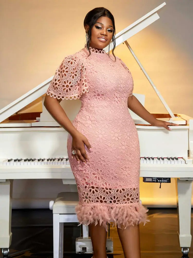 Pink Lace Dresses for Women Bodycon Feather Patchwork