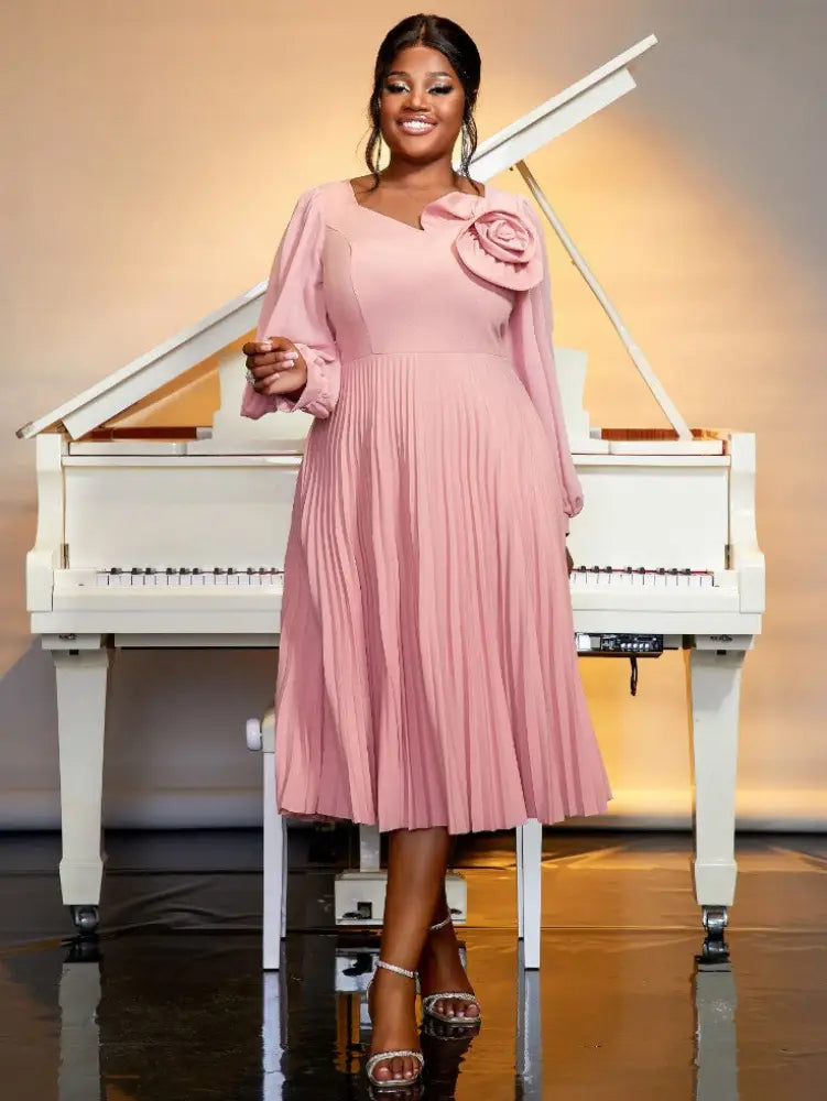 Pink Long Lantern Sleeves V Neck 3D Rose Pleated Dress