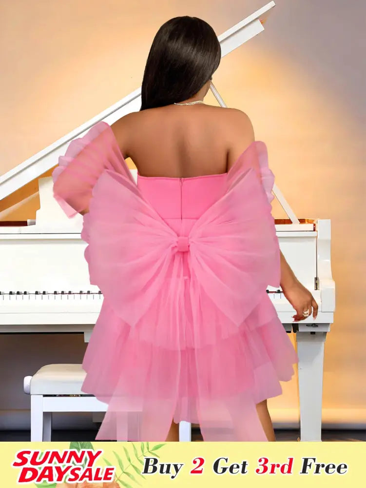 Pink Removable Back Bow Tube Tops Mesh A Line Dress