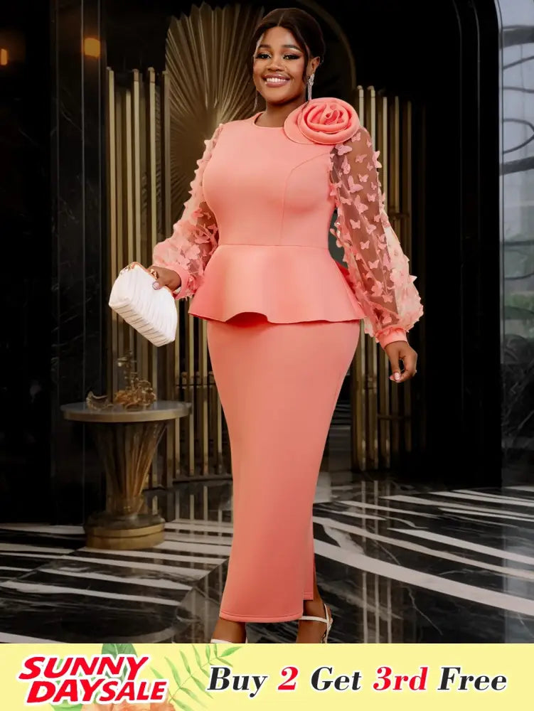 Pink Sweet Dress Mesh Patchwork Butterfly Lantern Sleeve Plus Size Wedding Guest Dresses