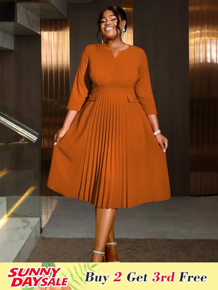 Pleated A-Line Midi Dress V Neck 3/4 Sleeves High Waist
