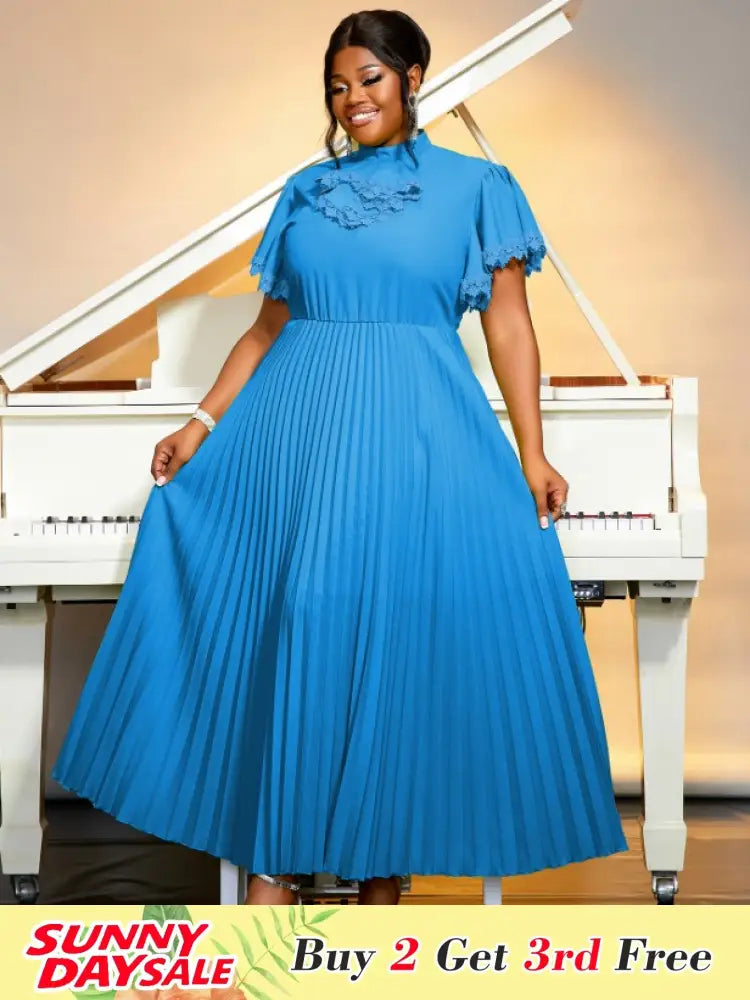 Pleated Dress Half High Collar Bowtie Butterfly Sleeves