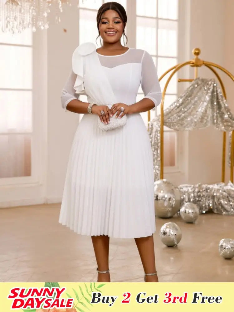 Pleated Dress O Neck Ruffles Flower Tulle Sleeve Patchwork