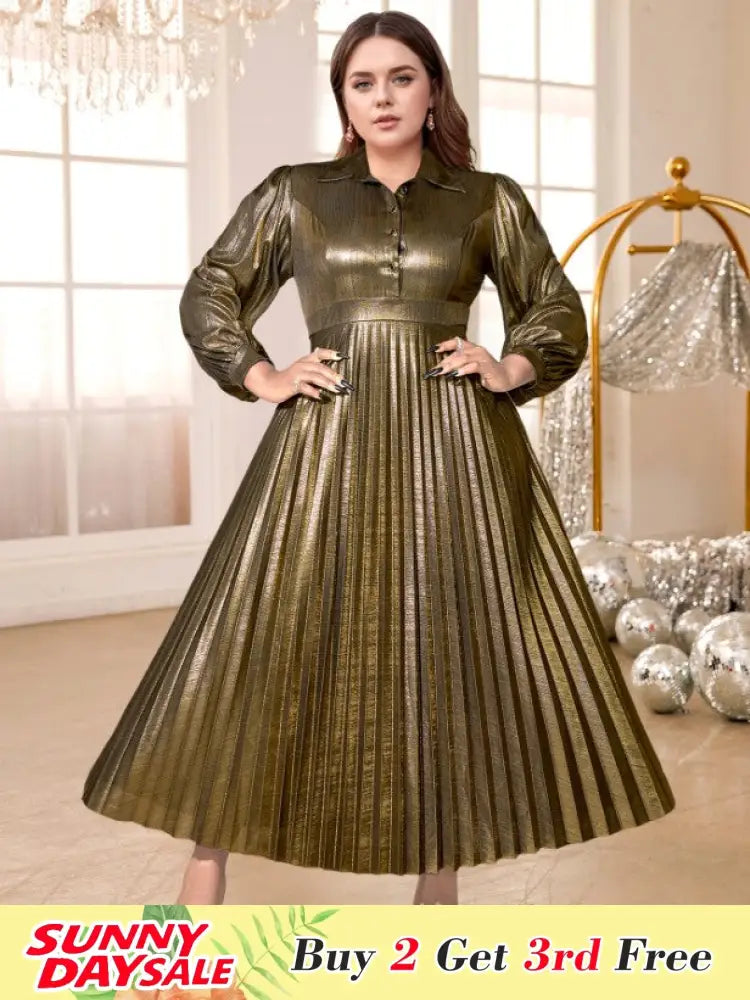 Pleated Dress Turn Down Collar Lantern Sleeves Button Up