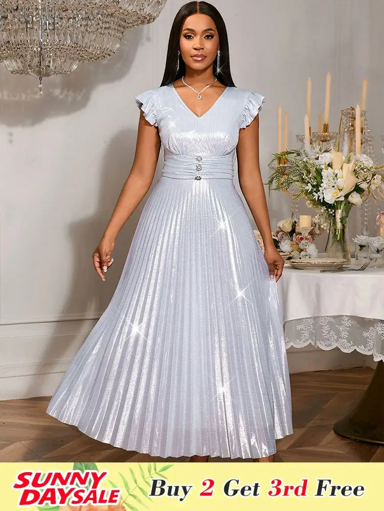 Pleated Formal Dress for Women Occasional V Neck Slim Fit