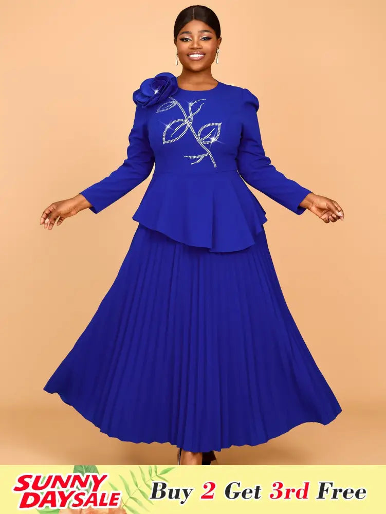 Pretty Church Dresses Blue Pleated Flower Dress