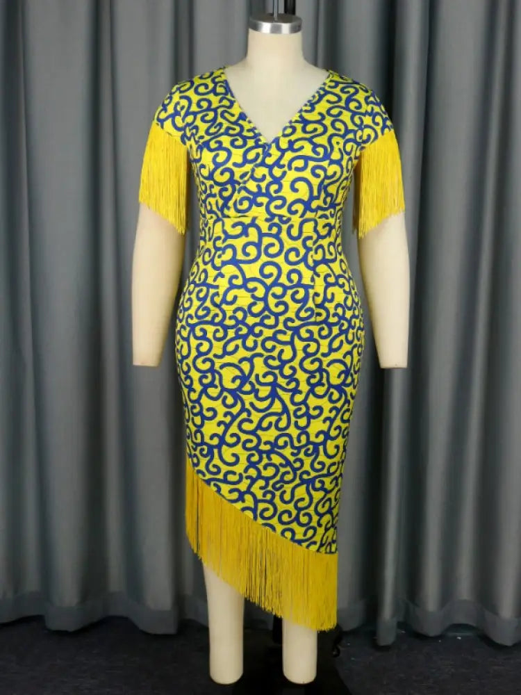 Printed V Neck Tassel Sleeve Asymmetrical Bodycon Dress