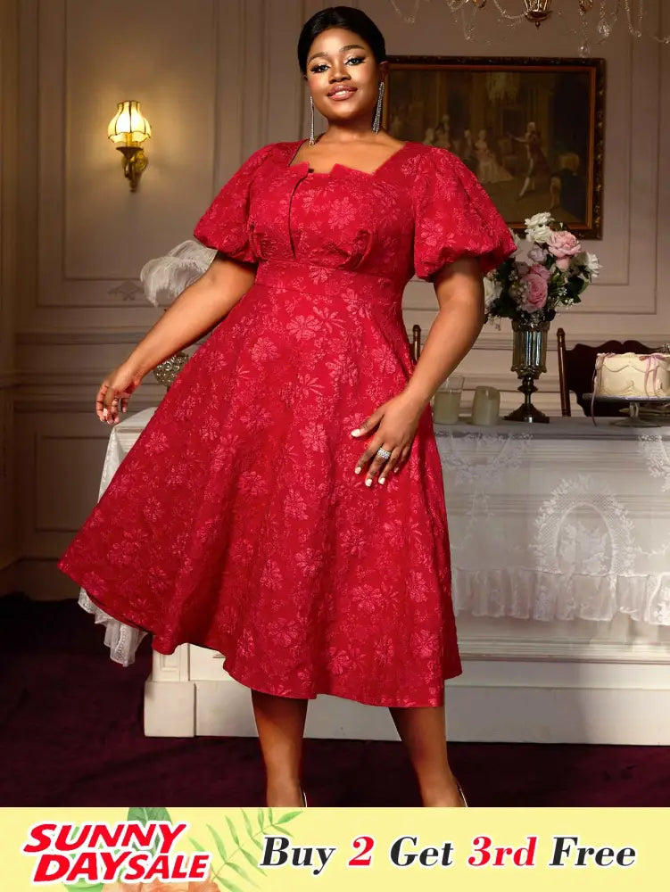 Puff Sleeve Jacquard Dress Classic A Line Fit for Curvy Chic Style