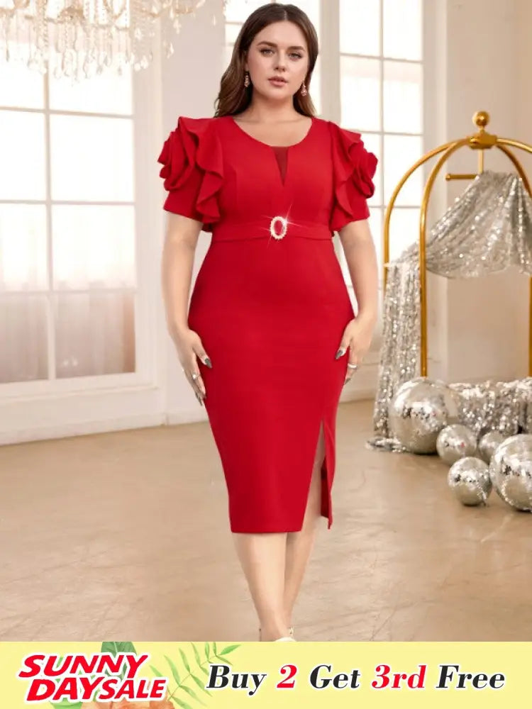 Red Fashion Dress O Neck 3D Flower Short Sleeves with Belt