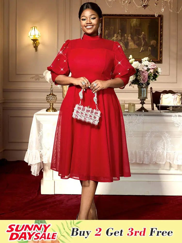 Red Mesh Dress Party Prom Turtleneck Lantern Sleeve A Line