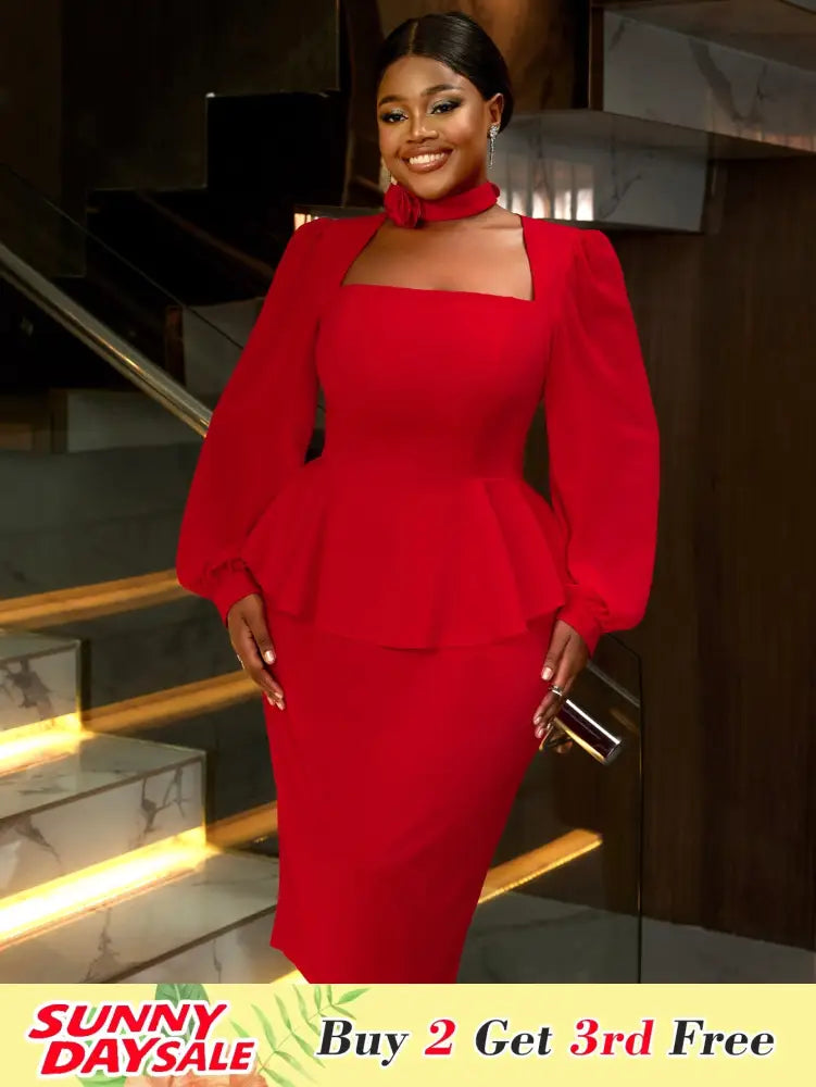 Red Midi Wedding Guest Dress Long Sleeve Floral Trim Fit