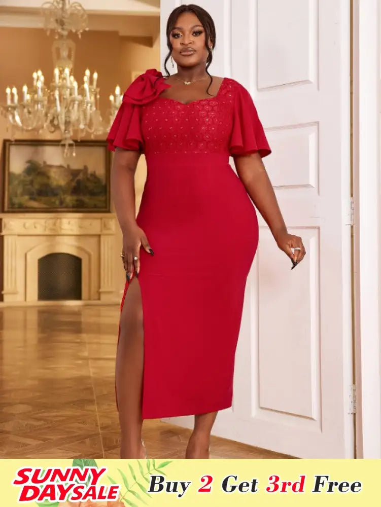 Red V Neck Dress Butterfly Sleeves Bowtie Lace Patchwork