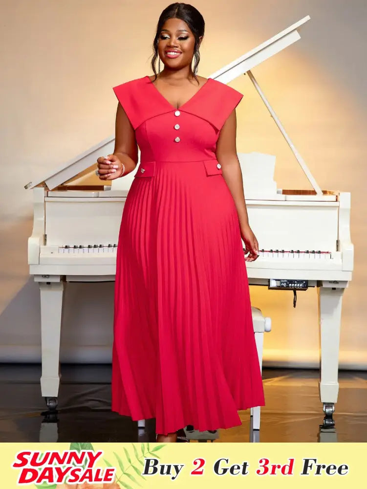 Red V Neck Sleeveless Button High Waist Long Pleated Dress