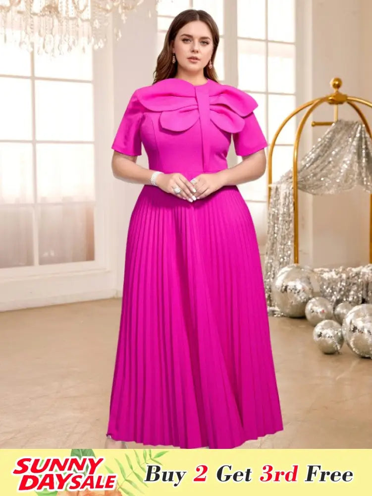 Rose Pleated Dress O Neck Short Sleeves Big Bow High Waist