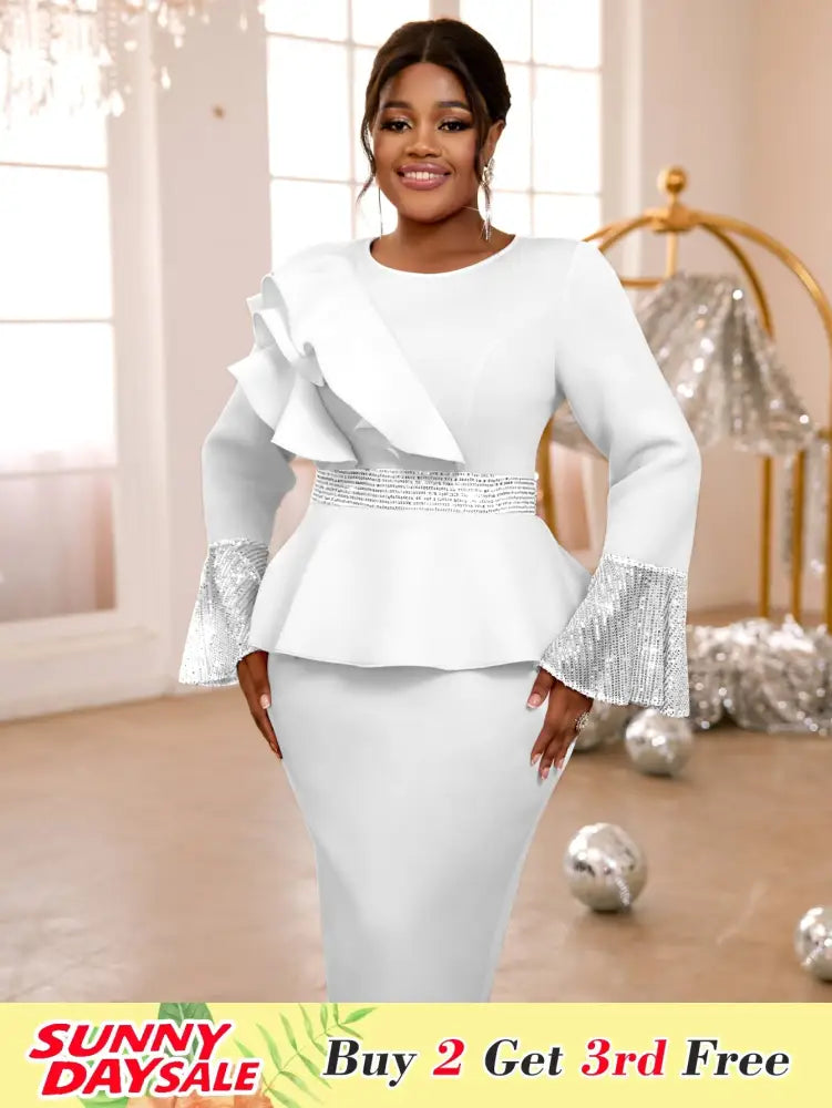 Sequined Peplum Church Dress with Ruffled Long Flare Sleeves