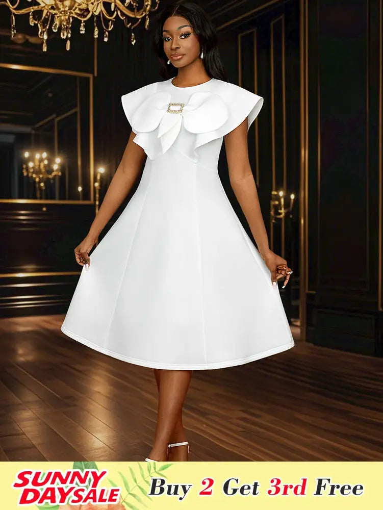 Simple White Wedding Gown O Neck 3D Decoration Bow Dress