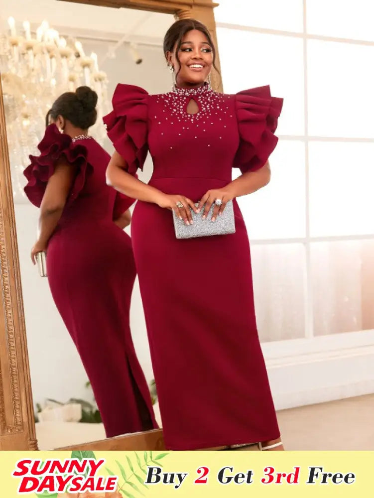Stand Collar Cut Out Beading Butterfly Sleeve Pencil Dress